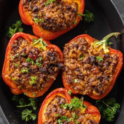 Pimientos rojos rellenos de arroz y carne molida