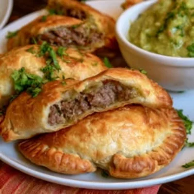 Empanadas de carne recién horneadas con guacamole