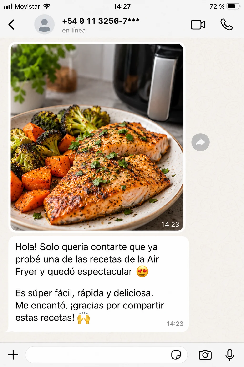 Mensaje de WhatsApp de un cliente con foto del salmón con brócoli que preparó en la air fryer