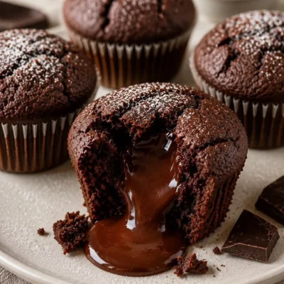 Muffins de chocolate altos en proteína recién salidos del horno