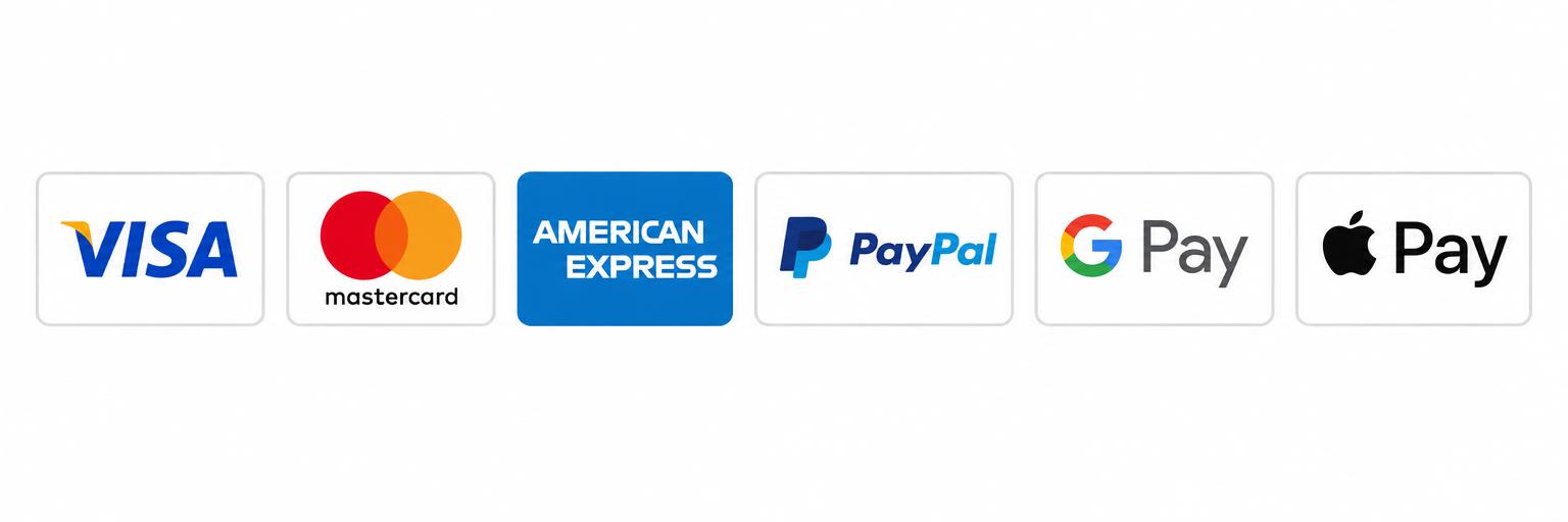 Métodos de pago: Visa, Mastercard, American Express, PayPal, Google Pay y Apple Pay